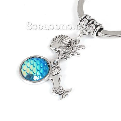 Picture of Resin Mermaid Fish/ Dragon Scale Keychain & Keyring Round Antique Silver Color Blue AB Color 84mm x 32mm, 1 Piece