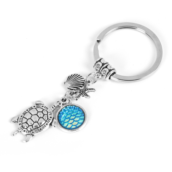 Picture of Resin Mermaid Fish/ Dragon Scale Keychain & Keyring Tortoise Animal Antique Silver Light Blue AB Color Shell 84mm x 32mm, 1 Piece