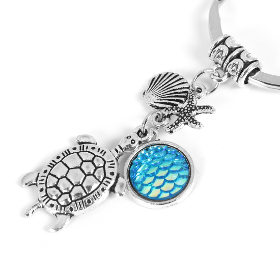 Picture of Resin Mermaid Fish/ Dragon Scale Keychain & Keyring Tortoise Animal Antique Silver Light Blue AB Color Shell 84mm x 32mm, 1 Piece