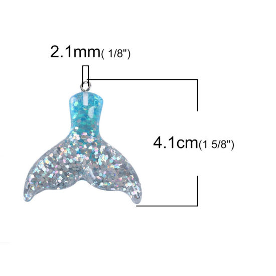 Picture of Resin Pendants Mermaid Silver & Blue Glitter 41mm(1 5/8") x 39mm(1 4/8"), 3 PCs