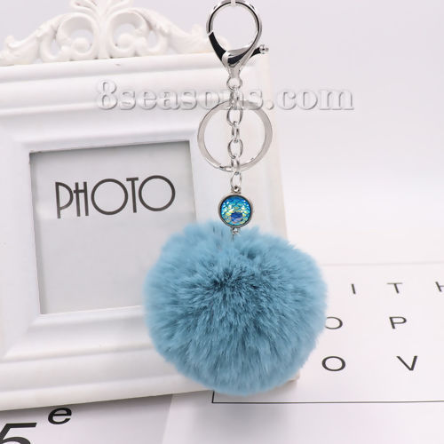 Picture of Resin Mermaid Fish/ Dragon Scale Keychain & Keyring Pom Pom Ball Antique Silver Color Blue Round 15.3cm, 1 Piece