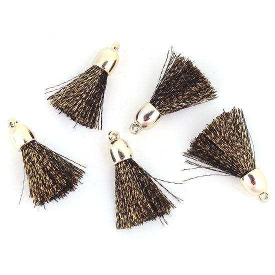 Picture of Polyester Tassel Pendants Light Golden Black & Gold About 30mm(1 1/8") x 8mm( 3/8"), 10 PCs