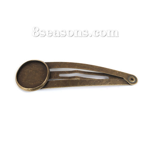 Picture of Zinc Based Alloy Hair Clips Findings Round Antique Bronze Cabochon Settings (Fits 16mm Dia.) 61mm x 18mm, 20 PCs
