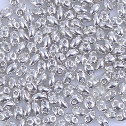 Picture of (Japan Import) Glass Two Hole Twin Seed Beads Metallic Silver About 5mm x 4mm - 5mm x 3mm, Hole: Approx 0.5mm, 10 Grams (Approx 17 PCs/Gram)