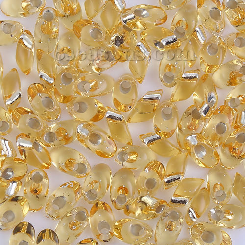 Picture of (Japan Import) Glass Long Magatama Seed Beads Yellow Silver Lined About 8mm x 4mm - 7.5mm x 4mm, Hole: Approx 1.3mm, 10 Grams (Approx 8 PCs/Gram)