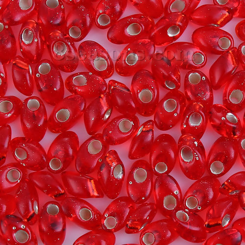 Picture of (Japan Import) Glass Long Magatama Seed Beads Red Silver Lined About 8mm x 4mm - 7.5mm x 4mm, Hole: Approx 1.3mm, 10 Grams (Approx 8 PCs/Gram)