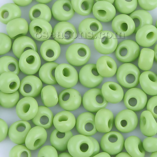 Picture of 5mm (Japan Import) Glass Short Magatama Seed Beads Fruit Green Opaque Dyed About 6mm x 5.5mm, Hole: Approx 1.7mm, 10 Grams (Approx 7 PCs/Gram)