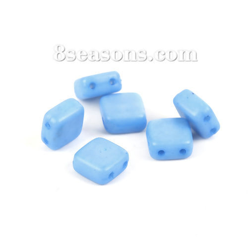 Picture of (Japan Import) Glass Two Hole Twin Seed Beads Square Blue Frosted Opaque About 6.3mm x 6.3mm, Hole: Approx 0.5mm, 30 PCs