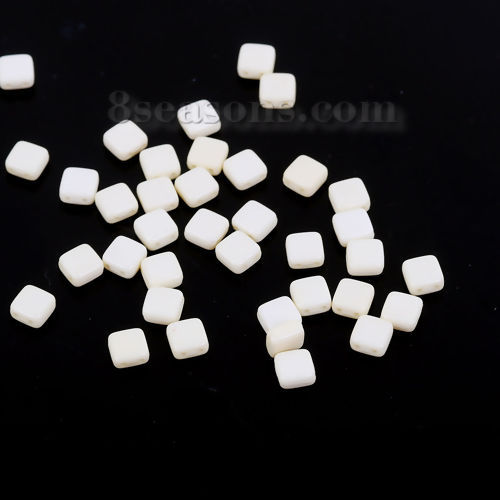 Picture of (Japan Import) Glass Two Hole Twin Seed Beads Square Creamy-White Frosted Opaque About 6.3mm x 6.3mm, Hole: Approx 0.5mm, 30 PCs