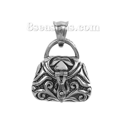 Picture of Stainless Steel Cremation Ash Urn Pendants Handbag Antique Silver Color Carved Can Open 31mm(1 2/8") x 23mm( 7/8"), 1 Piece