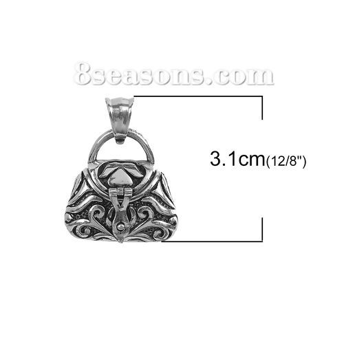 Picture of Stainless Steel Cremation Ash Urn Pendants Handbag Antique Silver Color Carved Can Open 31mm(1 2/8") x 23mm( 7/8"), 1 Piece