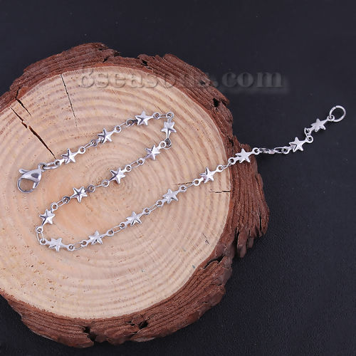 Picture of 304 Stainless Steel Bracelets Silver Tone Pentagram Star 21cm(8 2/8") long, 1 Piece