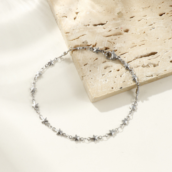 Bild von Großhandel Pentagramm Stern Edelstahl Armband, Silberfarbe Frauen Geschenk Schmuckbedarf, 21cm lang, Kettengröße: 4mm, 1 Strang