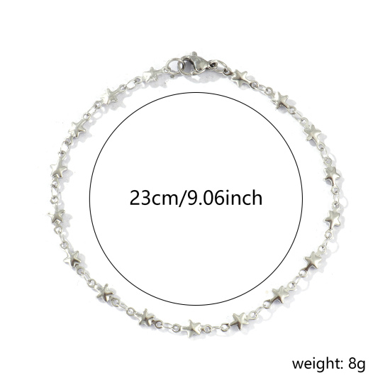 Bild von Großhandel Pentagramm Stern Edelstahl Armband, Silberfarbe Frauen Geschenk Schmuckbedarf, 21cm lang, Kettengröße: 4mm, 1 Strang