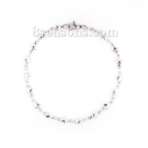 Picture of 304 Stainless Steel Bracelets Silver Tone Pentagram Star Heart 20.8cm(8 2/8") long, 1 Piece