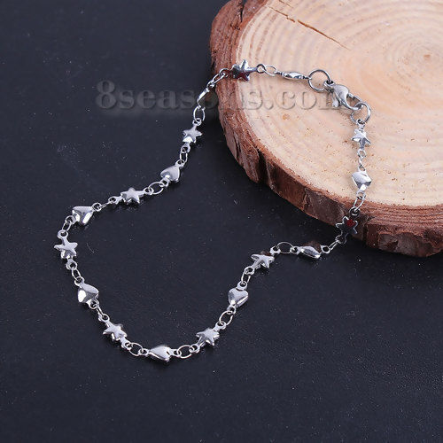 Picture of 304 Stainless Steel Bracelets Silver Tone Pentagram Star Heart 20.8cm(8 2/8") long, 1 Piece