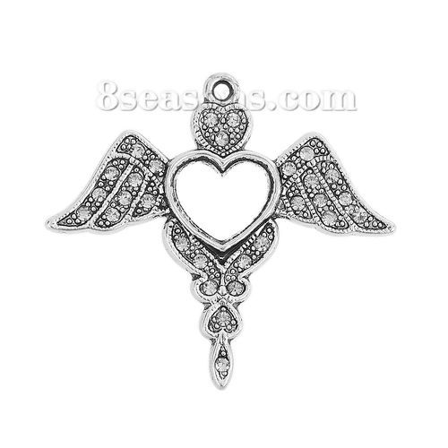Picture of Zinc Based Alloy Pendants Angel Wing Antique Silver Color Heart Clear Rhinestone 42mm(1 5/8") x 38mm(1 4/8"), 2 PCs