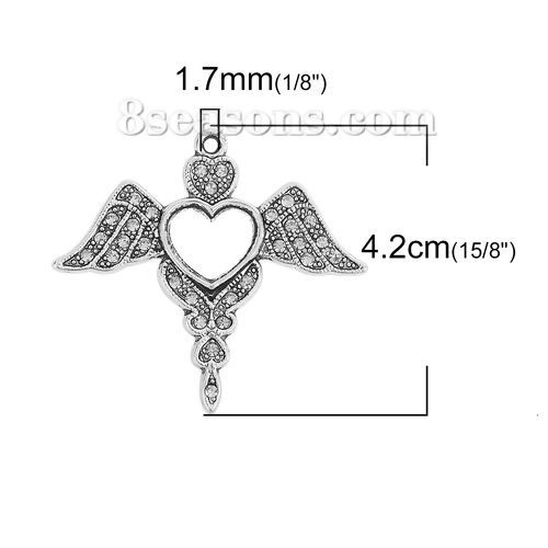 Picture of Zinc Based Alloy Pendants Angel Wing Antique Silver Color Heart Clear Rhinestone 42mm(1 5/8") x 38mm(1 4/8"), 2 PCs