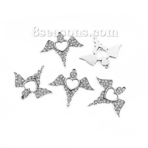 Picture of Zinc Based Alloy Pendants Angel Wing Antique Silver Color Heart Clear Rhinestone 42mm(1 5/8") x 38mm(1 4/8"), 2 PCs