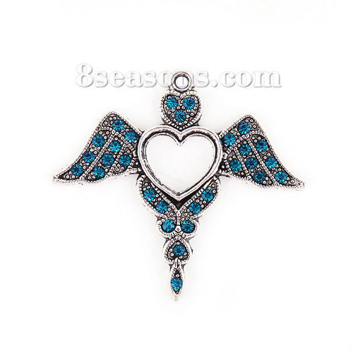 Picture of Zinc Based Alloy Pendants Angel Wing Antique Silver Color Heart Peacock Blue Rhinestone 42mm(1 5/8") x 38mm(1 4/8"), 2 PCs