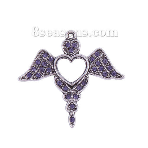 Picture of Zinc Based Alloy Pendants Angel Wing Antique Silver Color Heart Violet Rhinestone 42mm(1 5/8") x 38mm(1 4/8"), 2 PCs