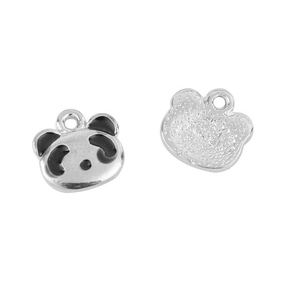 Picture of Zinc Based Alloy Charms Panda Animal Silver Tone Black Enamel 10mm( 3/8") x 10mm( 3/8"), 10 PCs