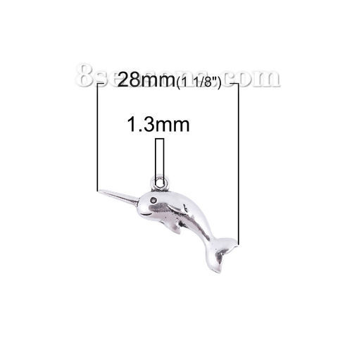 Picture of Zinc Based Alloy Charms Narwhal Antique Silver Color 28mm(1 1/8") x 13mm( 4/8"), 30 PCs