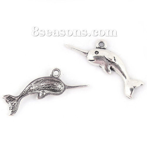 Picture of Zinc Based Alloy Charms Narwhal Antique Silver Color 28mm(1 1/8") x 13mm( 4/8"), 30 PCs