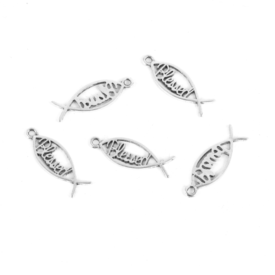 Picture of Zinc Based Alloy Charms Jesus/ Christian Fish Ichthys Antique Silver Color Message " Blessed " 28mm(1 1/8") x 10mm( 3/8"), 40 PCs