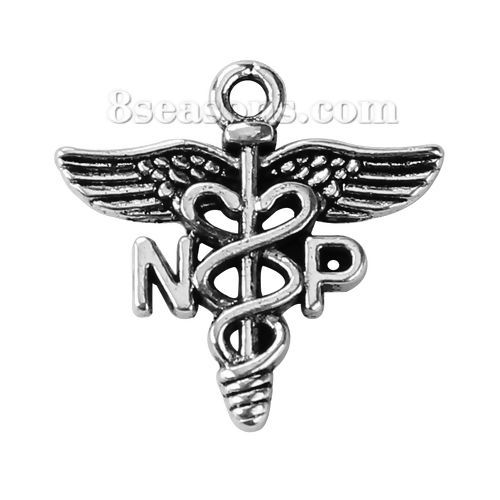 Picture of Zinc Based Alloy Charms Wing Antique Silver Color Message " NP " 20mm( 6/8") x 20mm( 6/8"), 30 PCs