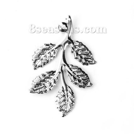 Iron Based Alloy Pendants Leaf Silver Tone 50mm(2") x 31mm(1 2/8"), 50 PCs