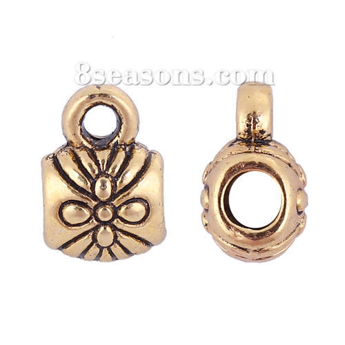 Picture of Zinc Based Alloy Bail Beads Barrel Gold Tone Antique Gold Flower 9mm x 6mm, 100 PCs