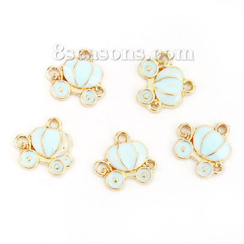 Picture of Zinc Based Alloy Fairy Tale Collection Charms Pumpkin Carriage Gold Plated Light Blue Enamel 13mm( 4/8") x 12mm( 4/8"), 10 PCs