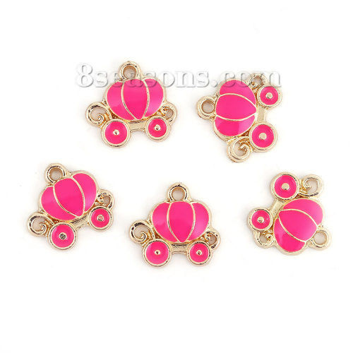 Picture of Zinc Based Alloy Fairy Tale Collection Charms Pumpkin Carriage Gold Plated Hot Pink Enamel 13mm( 4/8") x 12mm( 4/8"), 10 PCs