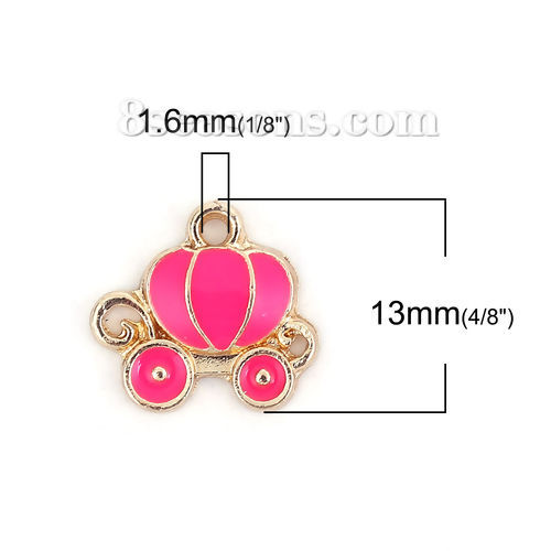 Picture of Zinc Based Alloy Fairy Tale Collection Charms Pumpkin Carriage Gold Plated Hot Pink Enamel 13mm( 4/8") x 12mm( 4/8"), 10 PCs