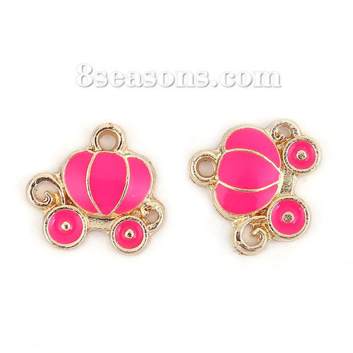 Picture of Zinc Based Alloy Fairy Tale Collection Charms Pumpkin Carriage Gold Plated Hot Pink Enamel 13mm( 4/8") x 12mm( 4/8"), 10 PCs