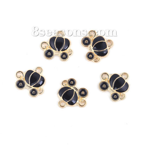 Picture of Zinc Based Alloy Fairy Tale Collection Charms Pumpkin Carriage Gold Plated Black Enamel 13mm( 4/8") x 12mm( 4/8"), 10 PCs