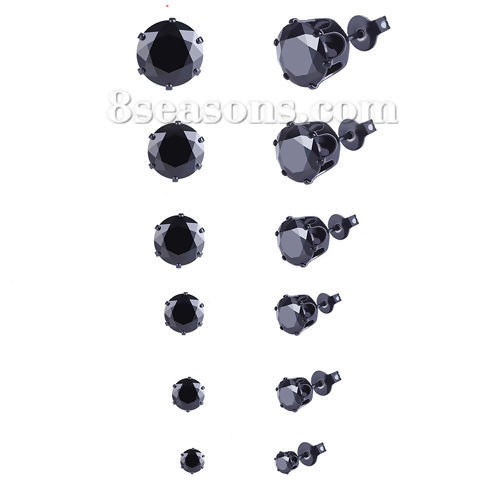 Picture of 1 Set ( 6 Pairs/Set) Brass Ear Post Stud Earrings Black Black Cubic Zirconia 9mm x8mm( 3/8" x 3/8") - 4mm x3mm( 1/8" x 1/8"), Post/ Wire Size: (21 gauge)