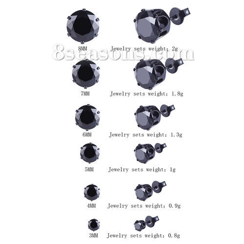 Picture of 1 Set ( 6 Pairs/Set) Brass Ear Post Stud Earrings Black Black Cubic Zirconia 9mm x8mm( 3/8" x 3/8") - 4mm x3mm( 1/8" x 1/8"), Post/ Wire Size: (21 gauge)