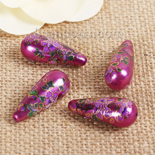 Immagine di Acrilato Separatori Pittura Giapponese Vintage Tensha Perline Goccia Colore Viola Fiore di Gloria di Mattina Disegno Circa 32mm x 13mm, Foro: Circa 1.5mm, 3 Pz