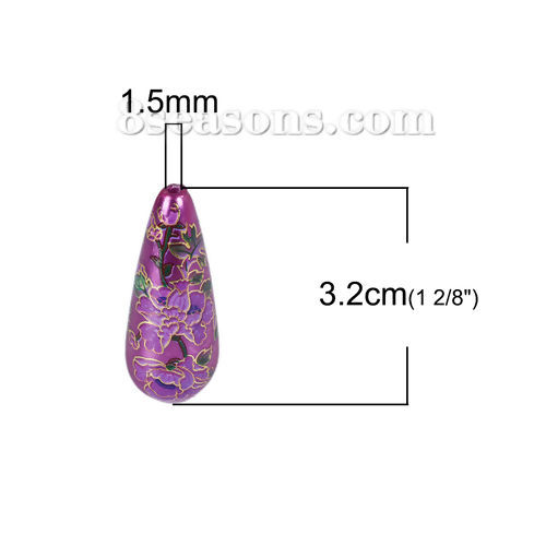 Immagine di Acrilato Separatori Pittura Giapponese Vintage Tensha Perline Goccia Colore Viola Fiore di Gloria di Mattina Disegno Circa 32mm x 13mm, Foro: Circa 1.5mm, 3 Pz