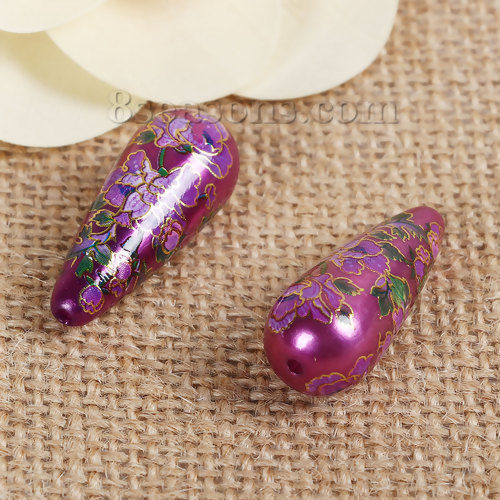 Immagine di Acrilato Separatori Pittura Giapponese Vintage Tensha Perline Goccia Colore Viola Fiore di Gloria di Mattina Disegno Circa 32mm x 13mm, Foro: Circa 1.5mm, 3 Pz