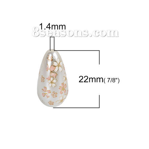 Bild von Acryl Spacer Perlen Zwischenperlen Japan Malerei Vintage Japanische Tensha Japanische Kirschblüte Grauweiß & Rosa Tropfen ca. 22mm x 11mm, Loch:ca. 1.5mm, 5 Stück