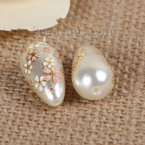 Bild von Acryl Spacer Perlen Zwischenperlen Japan Malerei Vintage Japanische Tensha Japanische Kirschblüte Grauweiß & Rosa Tropfen ca. 22mm x 11mm, Loch:ca. 1.5mm, 5 Stück
