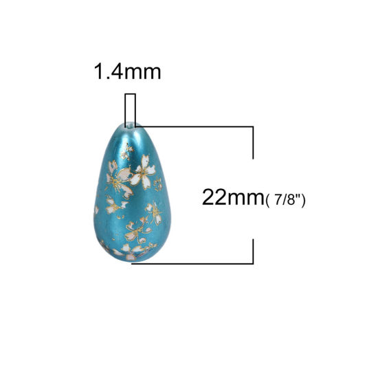 Bild von Acryl Spacer Perlen Zwischenperlen Japan Malerei Vintage Japanische Tensha Japanische Kirschblüte Grauweiß & Rosa Tropfen ca. 22mm x 11mm, Loch:ca. 1.5mm, 5 Stück