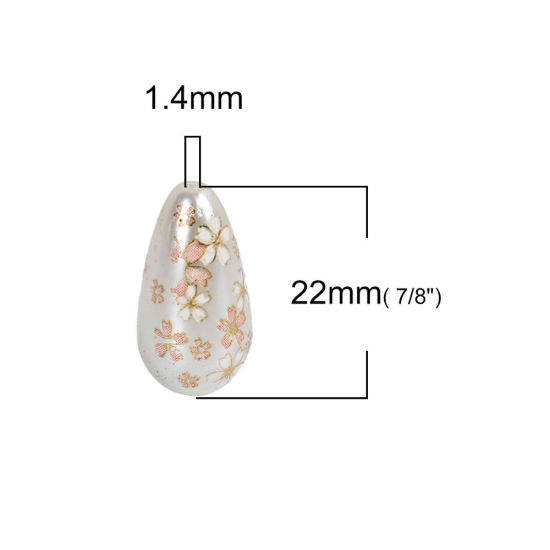 Bild von Acryl Spacer Perlen Zwischenperlen Japan Malerei Vintage Japanische Tensha Japanische Kirschblüte Grauweiß & Rosa Tropfen ca. 22mm x 11mm, Loch:ca. 1.5mm, 5 Stück