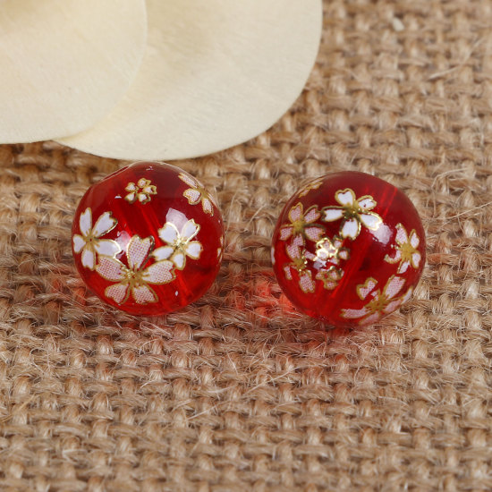 Image de Perles Peinture Japonaise Vintage Japonais Tensha en Verre Fleur Sakura Rouge Rond Transparent, 12mm Dia, Tailles de Trous: 1.5mm, 5 Pcs