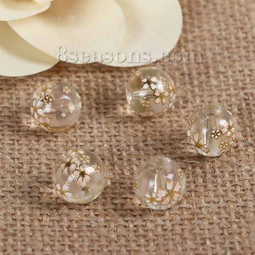 Picture of Glass Japan Painting Vintage Japanese Tensha Beads Round Sakura Flower Transparent Clear & Pink About 12mm Dia, Hole: Approx 1.5mm, 5 PCs
