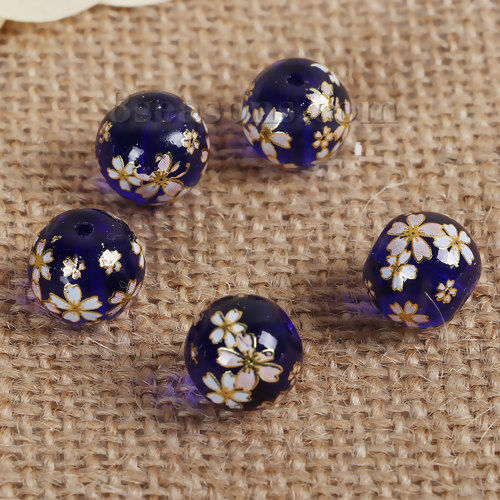 Picture of Glass Japan Painting Vintage Japanese Tensha Beads Round Sakura Flower Royal Blue & Pink Transparent About 12mm Dia, Hole: Approx 1.5mm, 5 PCs