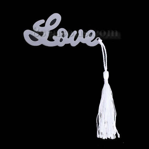 Picture of Stainless Steel Bookmark " Love " Silver Tone Tassel 87mm(3 3/8") x 40mm(1 5/8"), 1 Set